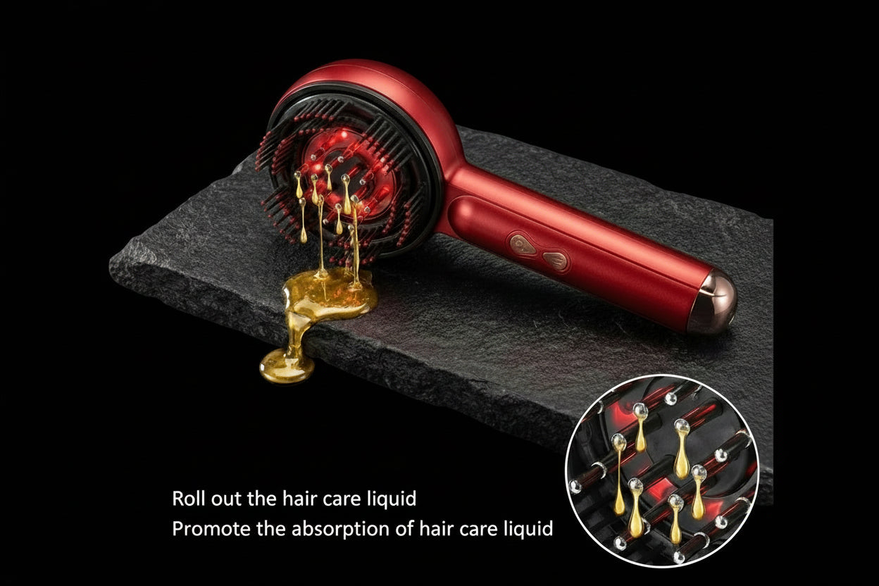 Cozeo Red light therapy care device with elastic roller beads on a dark surface