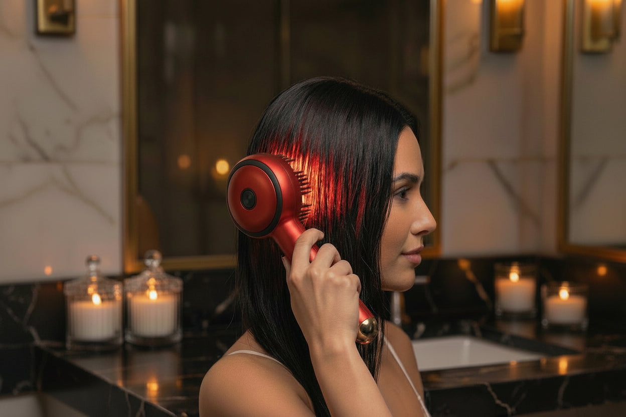 Models using Cozeo spa red light therapy comb