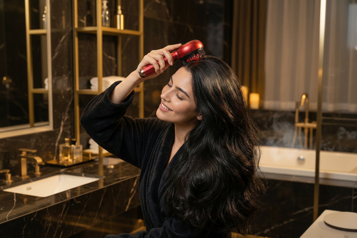 Woman in a black silk robe using the Cozeo red light scalp massage comb 