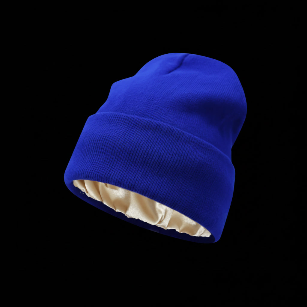 The Cozeo™ hair wellness essentials featuring our signature friction-free blue satin-lined beanie