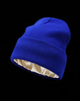 The Cozeo™ hair wellness essentials featuring our signature friction-free blue satin-lined beanie