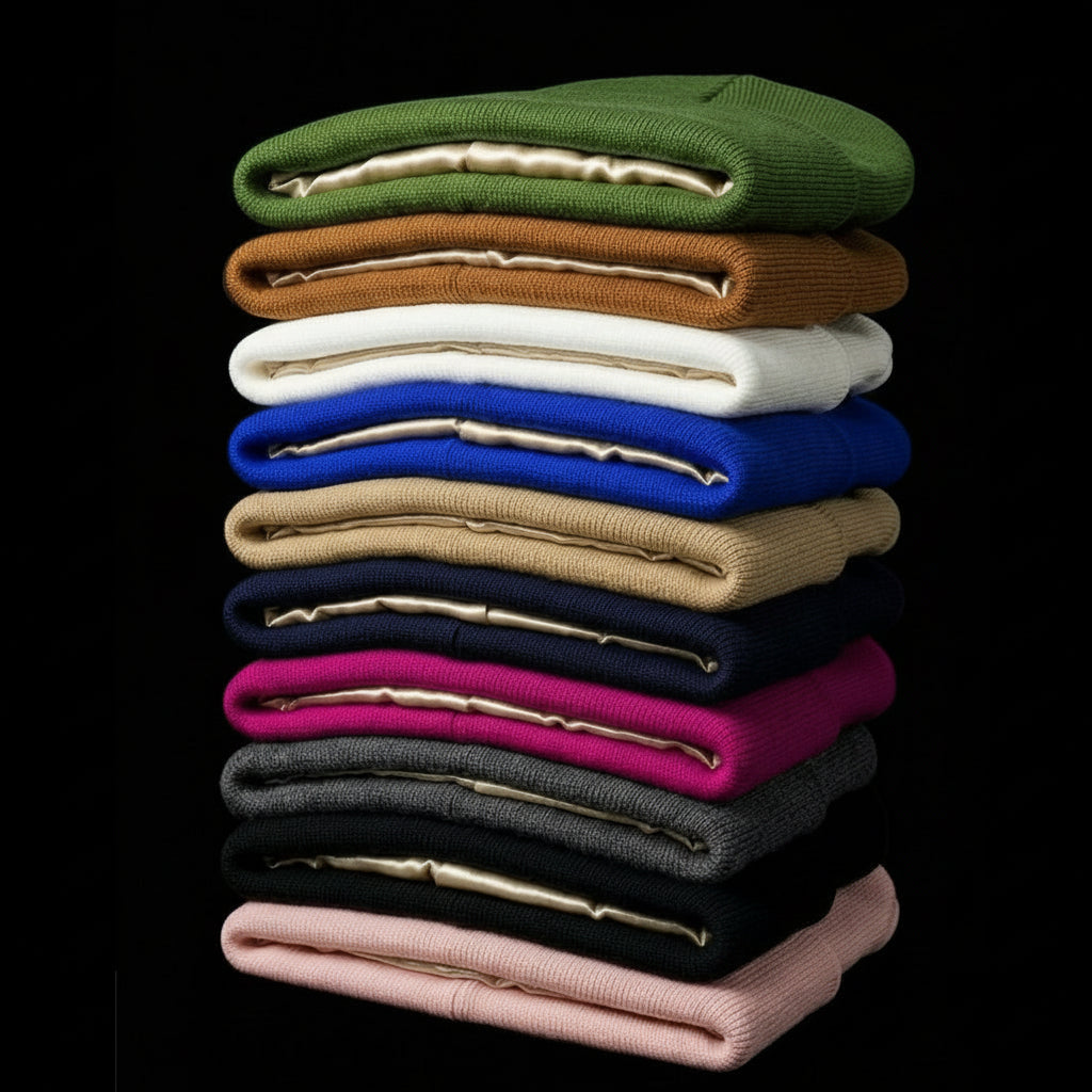 A luxury hair-safe beanie by Cozeo™ beanie piles designed to preserve blowouts and eliminate static frizz.