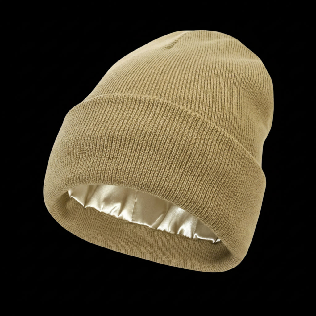 The Cozeo™ hair wellness essentials featuring our signature friction-free brown satin-lined beanie