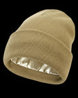 The Cozeo™ hair wellness essentials featuring our signature friction-free brown satin-lined beanie