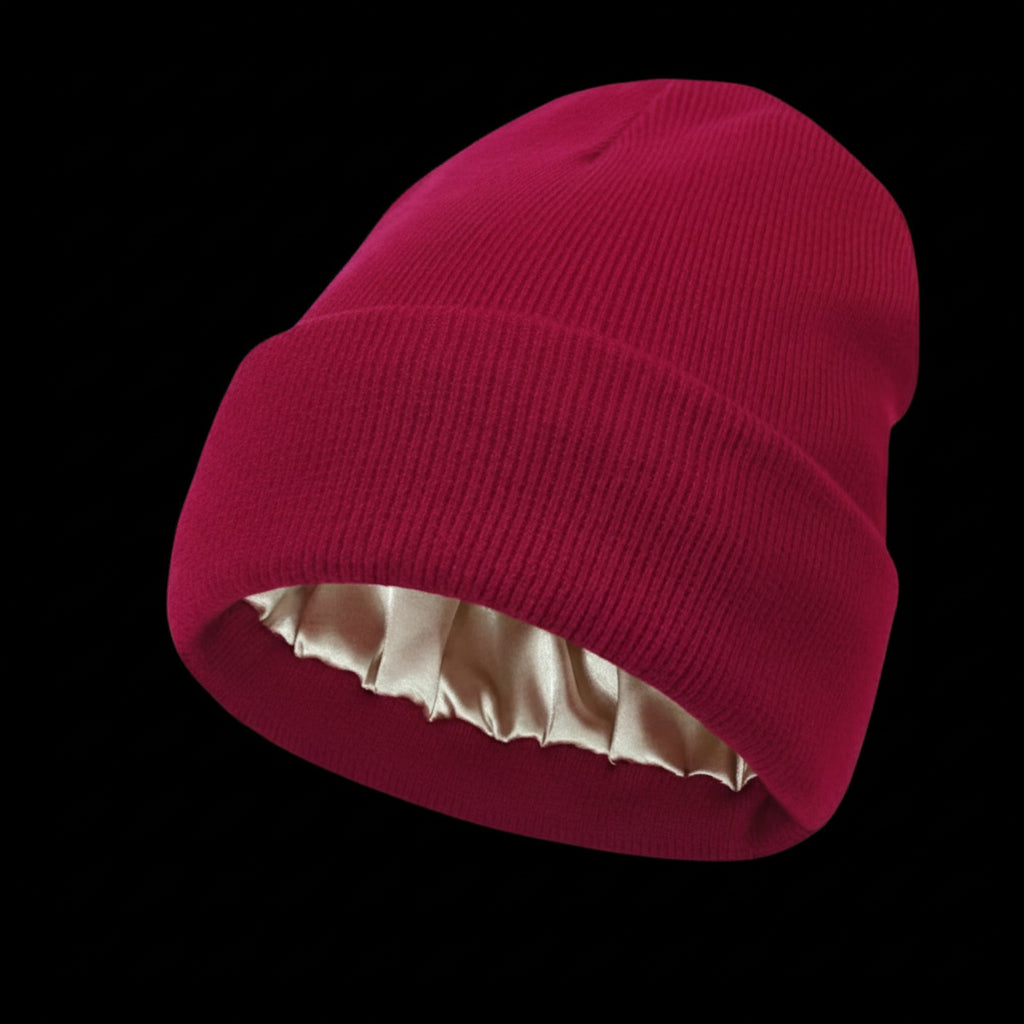 The Cozeo™ hair wellness essentials featuring our signature friction-free gray satin-lined beanie