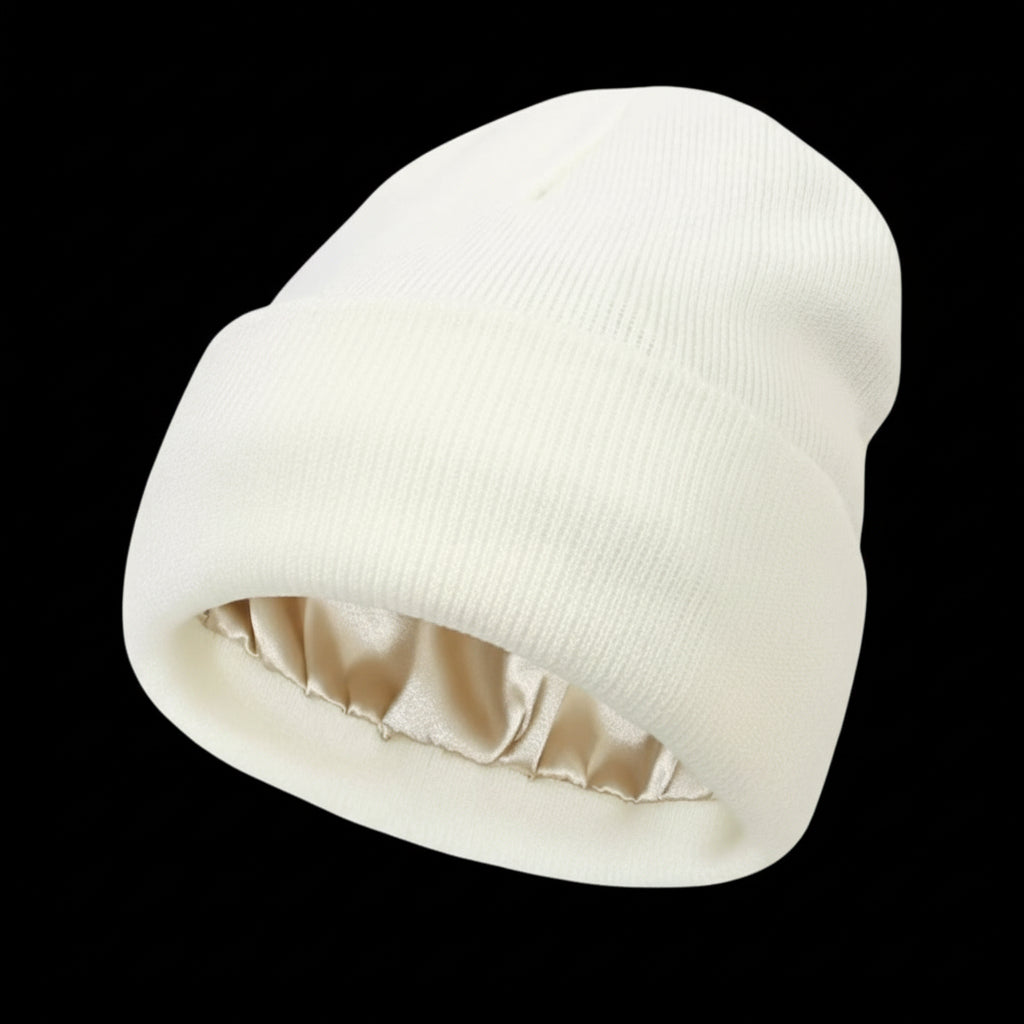 The Cozeo™ hair wellness essentials featuring our signature friction-free white satin-lined beanie