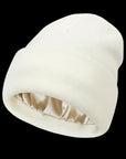 The Cozeo™ hair wellness essentials featuring our signature friction-free white satin-lined beanie