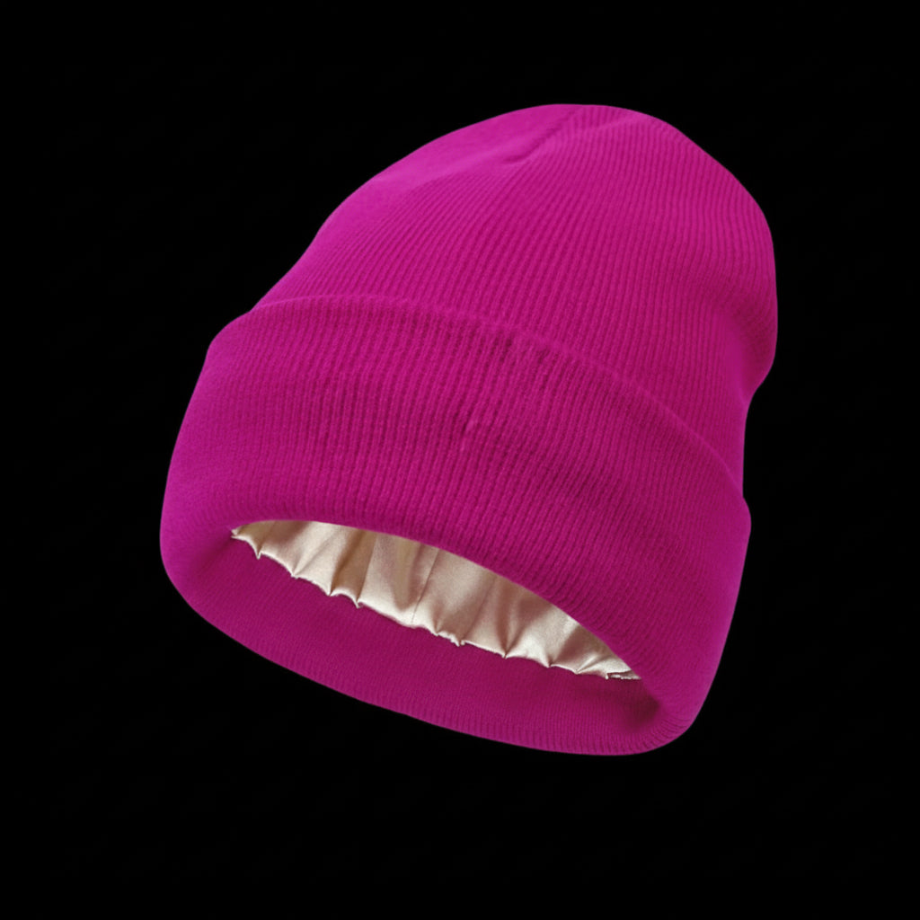 The Cozeo™ hair wellness essentials featuring our signature friction-free rose satin-lined beanie