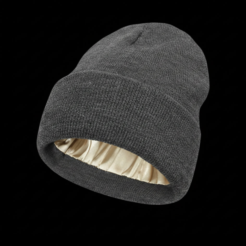 The Cozeo™ hair wellness essentials featuring our signature friction-free gray satin-lined beanie