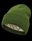 The Cozeo™ hair wellness essentials featuring our signature friction-free green satin-lined beanie