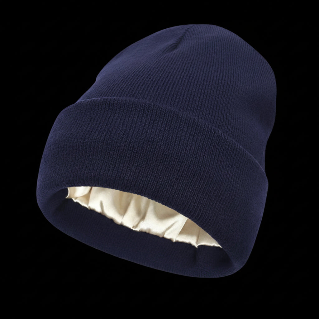 The Cozeo™ hair wellness essentials featuring our signature friction-free navy satin-lined beanie
