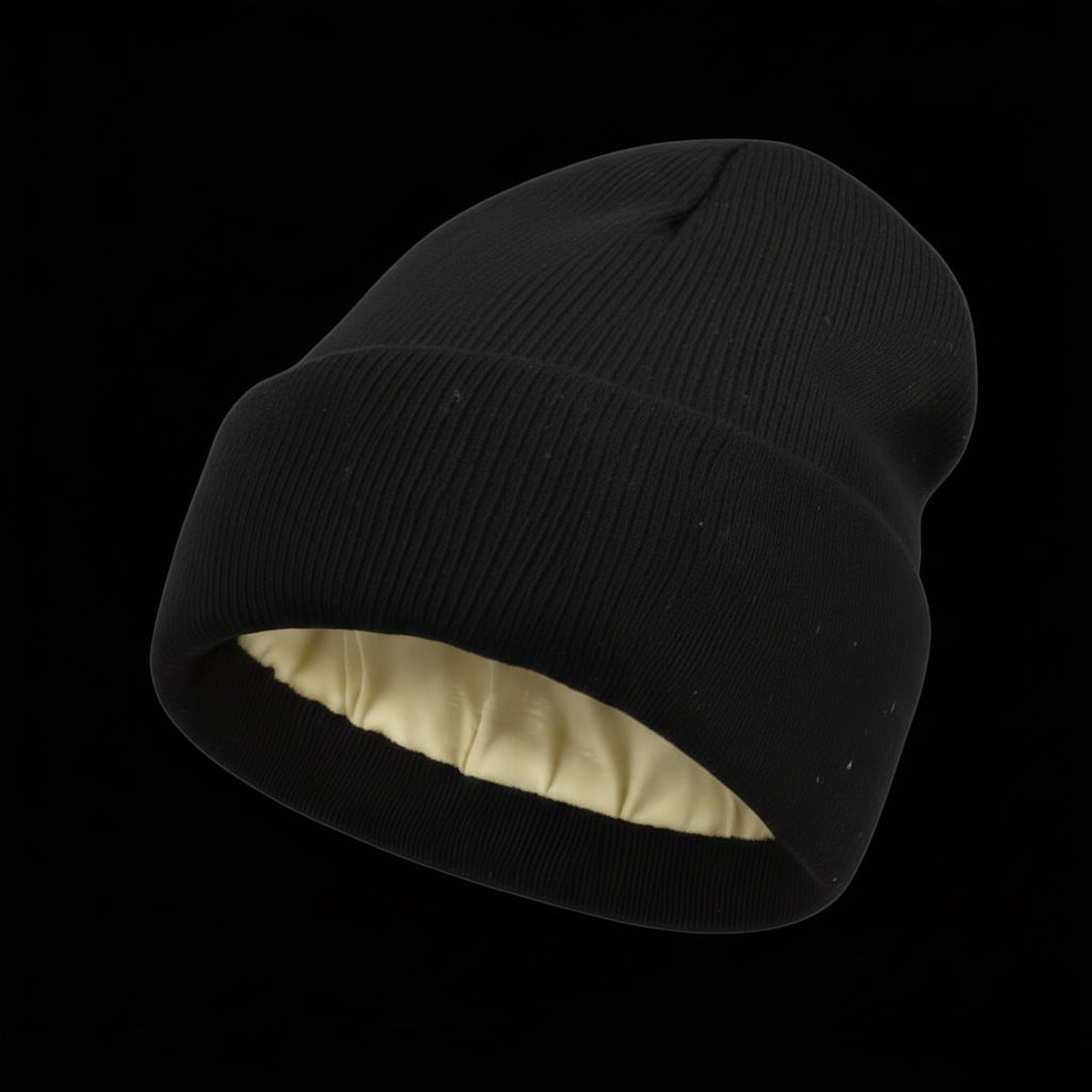 The Cozeo™ hair wellness essentials featuring our signature friction-free black satin-lined beanie