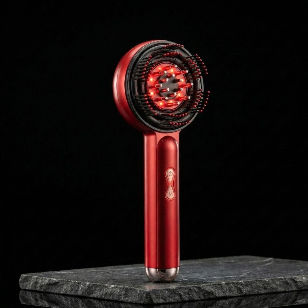 Red light scalp therapy device by Cozeo™ showing the therapeutic LED glow for follicle stimulation.