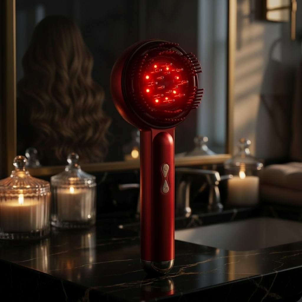Cozeo™ Scalp Spa Comb in Onyx Black featuring 625nm Red Light Therapy and sonic vibration nibs.