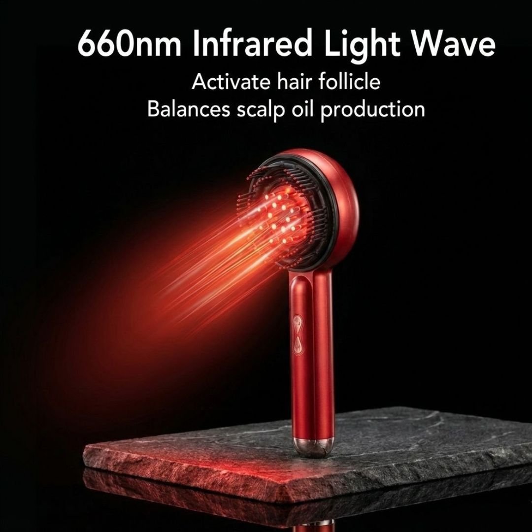 Red light scalp therapy device by Cozeo™ showing the therapeutic LED glow for follicle stimulation. top quality