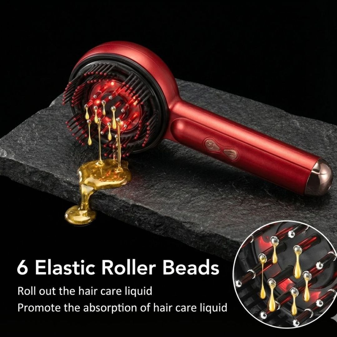 Close-up of the automated oil delivery system on the Cozeo™ Scalp Spa Comb for hair growth serum infusion.