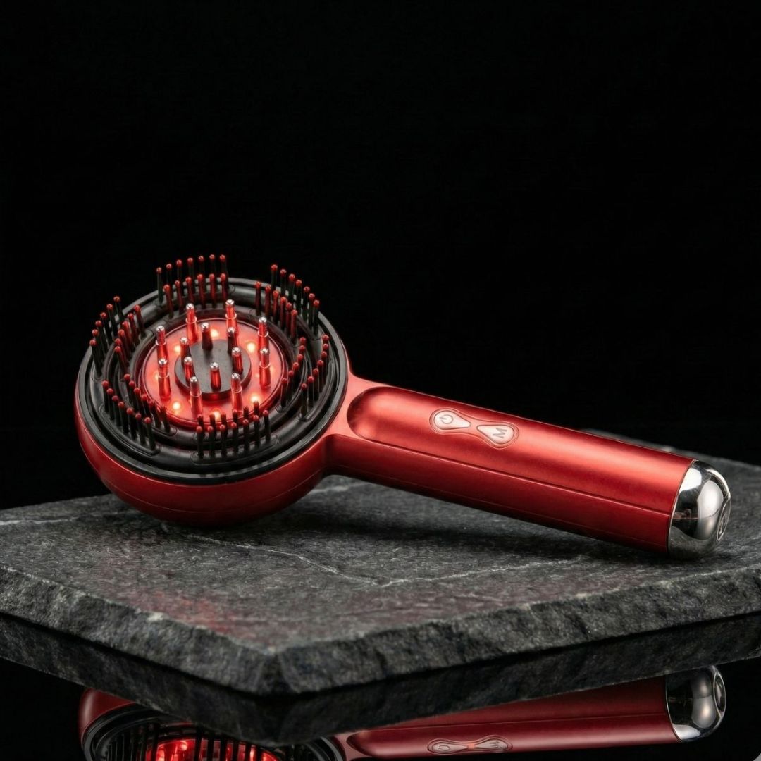 Red light scalp therapy device by Cozeo™ showing the therapeutic LED glow for follicle stimulation. best hair growth 2026